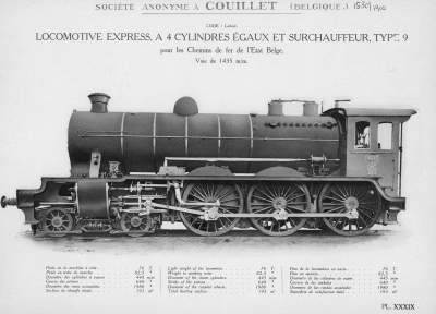 <b>Locomotive express, à 4 cylindres égaux et surchauffeur, Type 9</b><br>pour les Chemins de fer de l'Etat Belge<br>Voie de 1435 m/m 